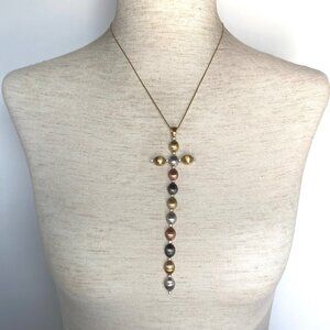 Gold Vermeil Sterling Silver 925 LR Tri Colored Long across Pendant Necklace